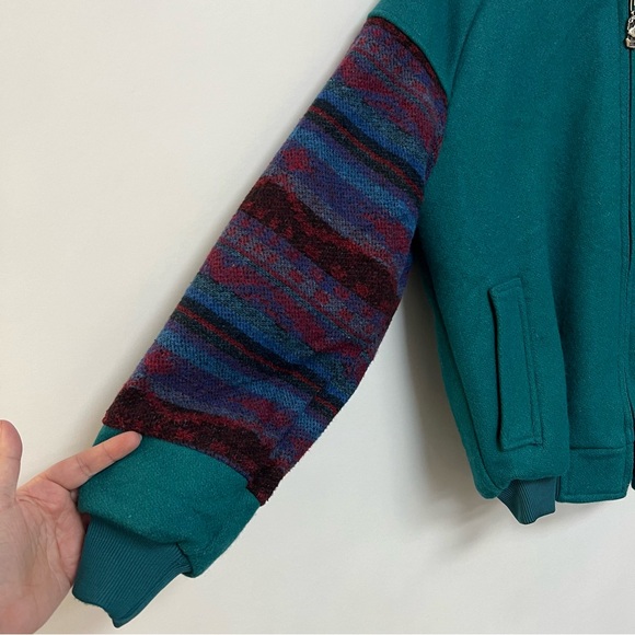 Vintage 1970's Women's Teal Bomber Jacker Wool Varsity Coat Aztec Sleeves US 10 - Picture 2 of 11